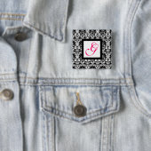 CLASSY DAMASK MONOGRAM, roze fuchsie Vierkante Button 5,1 Cm (In situ)