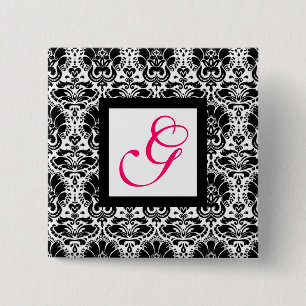 CLASSY DAMASK MONOGRAM, roze fuchsie Vierkante Button 5,1 Cm