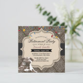 Classy Damask Pug & Wine Retirement Party Kaart (Staand voorkant)