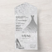 Classy Damask, Silver Stiletto & Gown Quinceañera All In One Uitnodiging (Binnen)