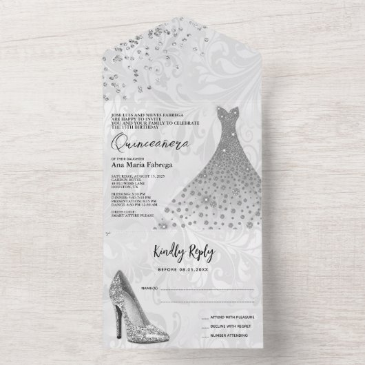 Classy Damask, Silver Stiletto & Gown Quinceañera All In One Uitnodiging (Binnen)