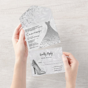 Classy Damask, Silver Stiletto & Gown Quinceañera All In One Uitnodiging
