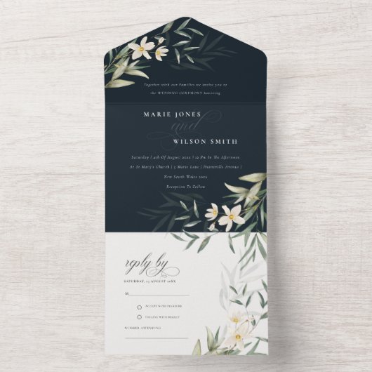 Classy Dark Navy White Greenery Floral Wedding All In One Uitnodiging (Binnen)
