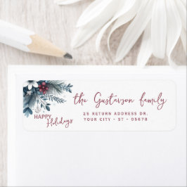 Classy Dark Teal Blue Red Floral Holiday Wreath Etiket