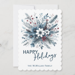 Classy Dark Teal Blue Red Floral Holiday Wreath Feestdagenkaart