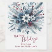 Classy Dark Teal Blue Red Floral Holiday Wreath Wijn Etiket (Enkel label)