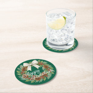 Classy december krans met witte boog vakantie ronde kartonnen onderzetter