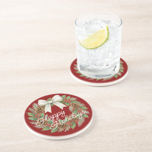Classy december krans met witte boog vakantie zandsteen onderzetter