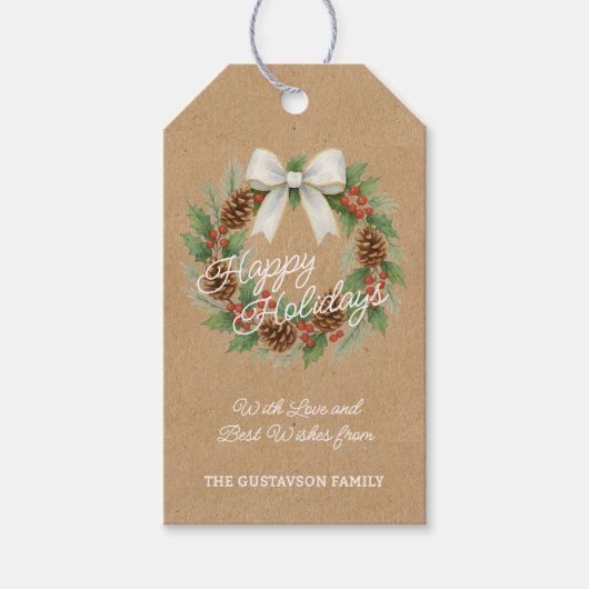 Classy december krans met witte boog Waterverf Cadeaulabel (Voorkant)