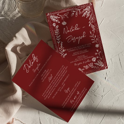 Classy Deep Red Blue Floral All In One Wedding Kaart