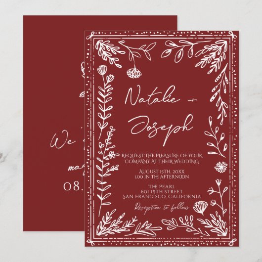 Classy Deep Red Blue Floral Modern Wedding Kaart (Voorkant / Achterkant)