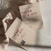 Classy Deep Red Blue QR Code Modern Wedding Kaart