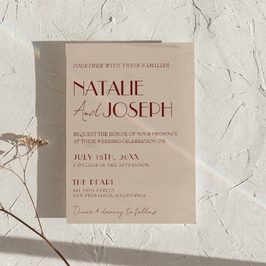 Classy Deep Red Blue QR Code Modern Wedding Kaart