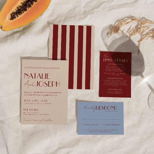 Classy Deep Red Blue Whimsical Modern Wedding Kaart