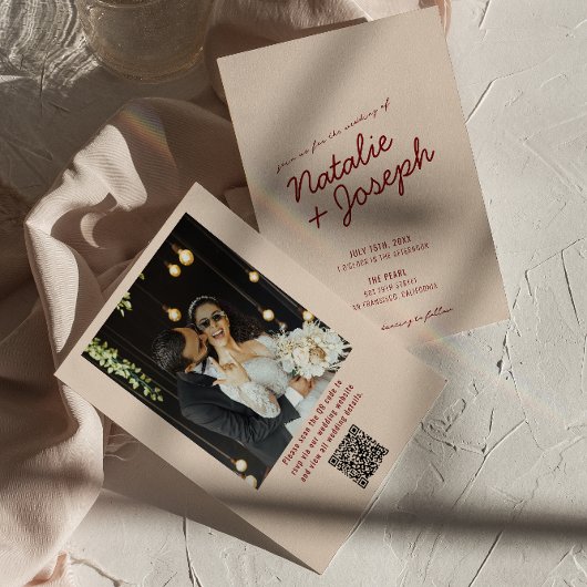 Classy Deep Red Whimsical QR Code Photo Wedding Kaart