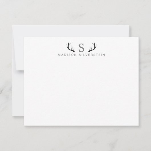 Classy Deer Antlers Gray Monogram Notitiekaartje (Voorkant)