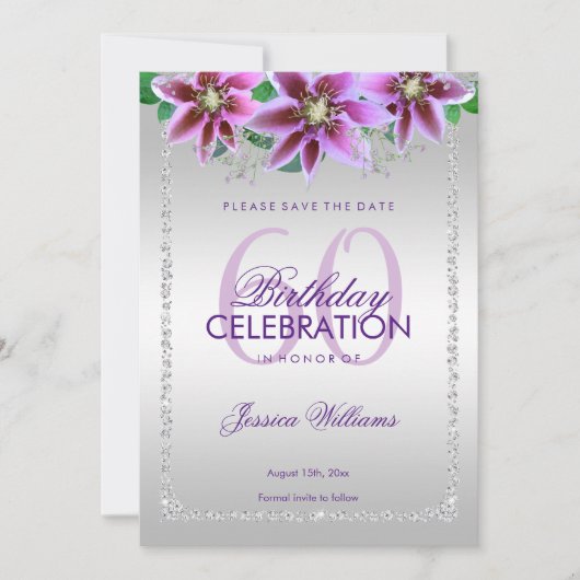 Classy diamanten & bloemen verjaardag save the date (Voorkant)