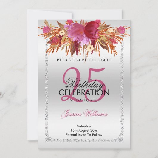 Classy Diamond Glitter Waterverf Flowers Verjaarda Save The Date (Voorkant)