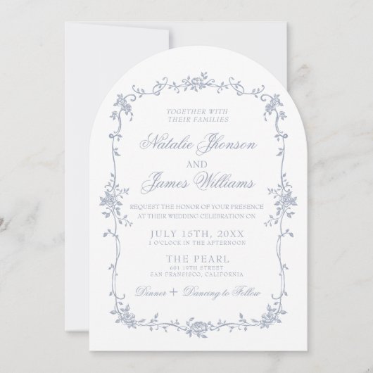 Classy Dusty Blue Floral Boho Chic Arched Wedding Kaart (Voorkant)