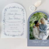 Classy Dusty Blue Floral Boho Chic Arched Wedding Kaart
