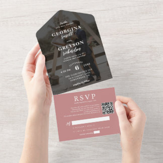 Classy Dusty Roze RSVP Foto QR Code Bruiloft All In One Uitnodiging