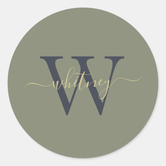 Classy Eenvoudig Monogram Naam & Initiaal Olijfgro Ronde Sticker (Voorkant)