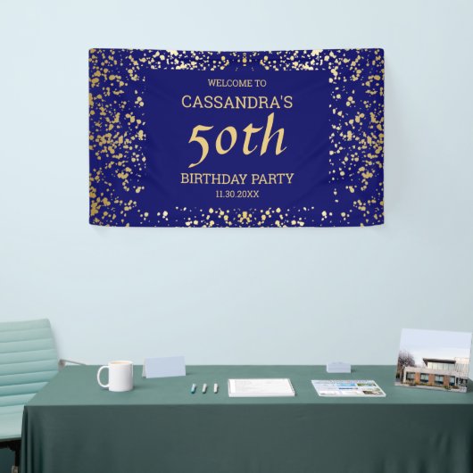 Classy Egypt Gold Sprinkles Navy Blue Verjaardag Spandoek (Beurs)