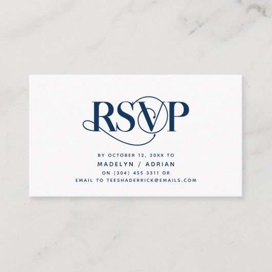 Classy Elegance, Navy Blue Script, RSVP reageren Informatiekaartje (Voorkant)