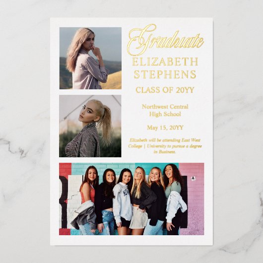 Classy Elegant Afstuderen Afstuderen 3 Foto Folie Uitnodiging (Voorkant)