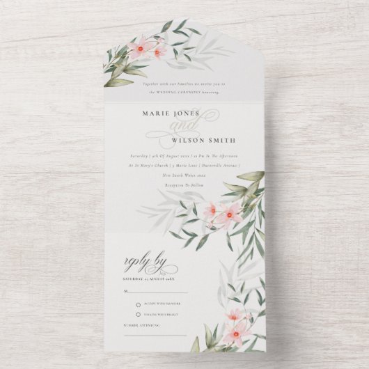 Classy Elegant Blush Greenery Floral Wedding All In One Uitnodiging (Binnen)