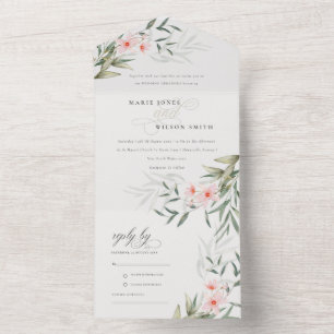 Classy Elegant Blush Greenery Floral Wedding All In One Uitnodiging