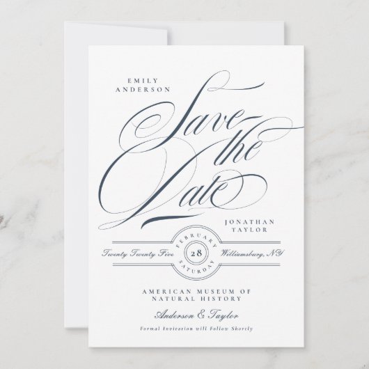 Classy Elegant Calligraphy Navy Blue Non-Photo Save The Date (Voorkant)
