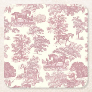 Classy Elegant Chique Roze Paarden Country Toile Vierkante Kartonnen Onderzetter