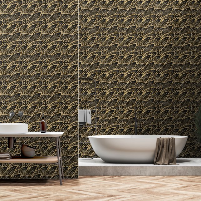 Classy Elegant Chique Zwart en Goud Bloemen Patroo Behang (Badkamer)