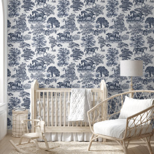 Classy Elegant Dusty Blue Horse Toile Behang