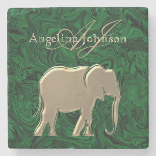 Classy Elegant Gold Elephant Green Marble Monogram Stenen Onderzetter