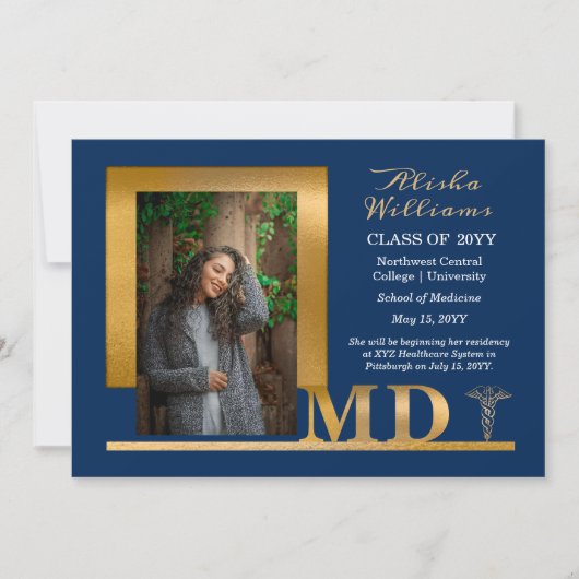 Classy Elegant Gold MD Caduceus 1 Photo Blue Aankondiging (Voorkant)