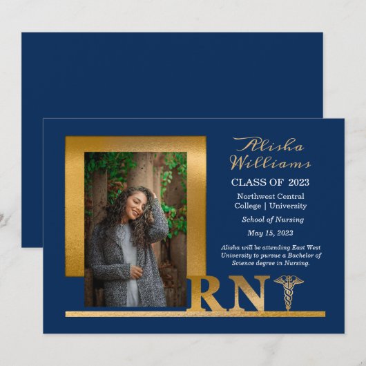 Classy Elegant Gold RN Caduceus 1 Photo Blue Aankondiging (Voorkant / Achterkant)