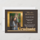 Classy Elegant Gold Text Afstuderen 1 Foto Brown Aankondiging (Voorkant)