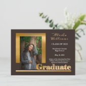 Classy Elegant Gold Text Afstuderen 1 Foto Brown Aankondiging (Staand voorkant)
