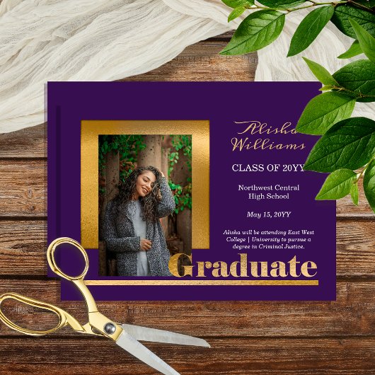 Classy Elegant Gold Text Afstuderen 1 Foto Paars Aankondiging