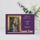 Classy Elegant Gold Text Afstuderen 1 Foto Paars Bedankkaart (Staand voorkant)