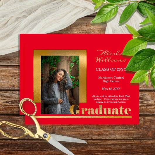 Classy Elegant Gold Text Afstuderen 1 Foto rood Aankondiging