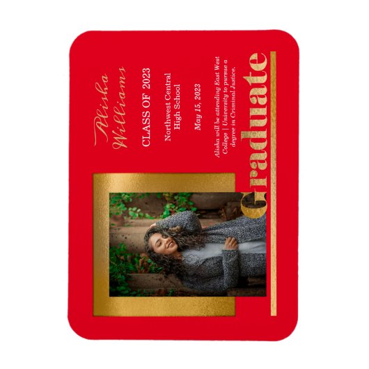 Classy Elegant Gold Text Afstuderen 1 Foto rood Magneet (Verticaal)