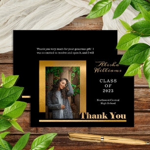 Classy Elegant Gold Text Afstuderen 1 Foto zwart Bedankkaart