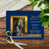 Classy Elegant Gold Text Afstuderen 1 Photo Blue Aankondiging