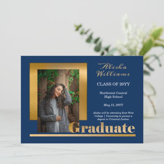 Classy Elegant Gold Text Afstuderen 1 Photo Blue Aankondiging (Staand voorkant)