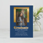 Classy Elegant Gold Text Afstuderen 1 Photo Blue Aankondiging (Staand voorkant)