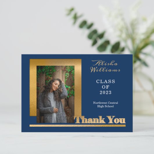 Classy Elegant Gold Text Afstuderen 1 Photo DK Blu Bedankkaart (Staand voorkant)