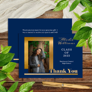 Classy Elegant Gold Text Afstuderen 1 Photo DK Blu Bedankkaart